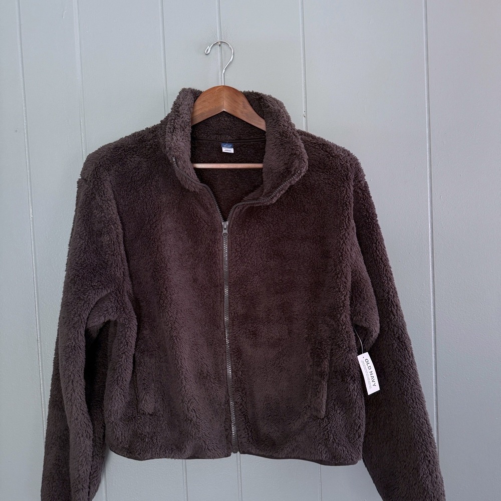 NWT Old Navy Sherpa Full Zip Jacket Womens S Panther Gray Teddy Fleece Boxy Crop